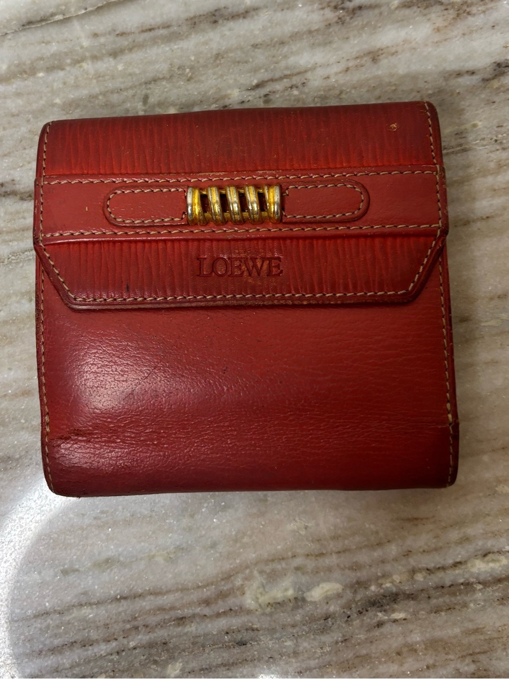 Loewe Red Leather Bifold Wallet Gold Tone Accent